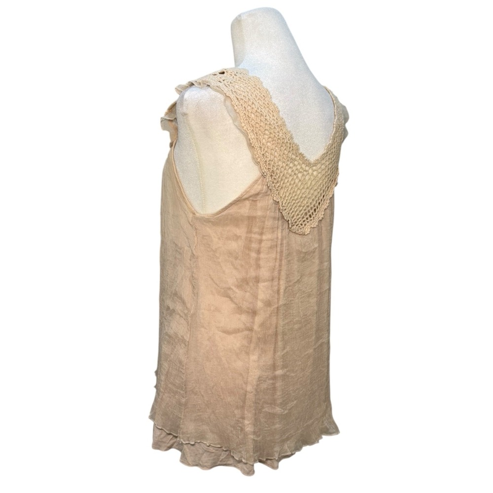 Vintage Y2K Boho Crochet Lace Babydoll Tank Top Women M Silk Beige Festival - Picture 5 of 13